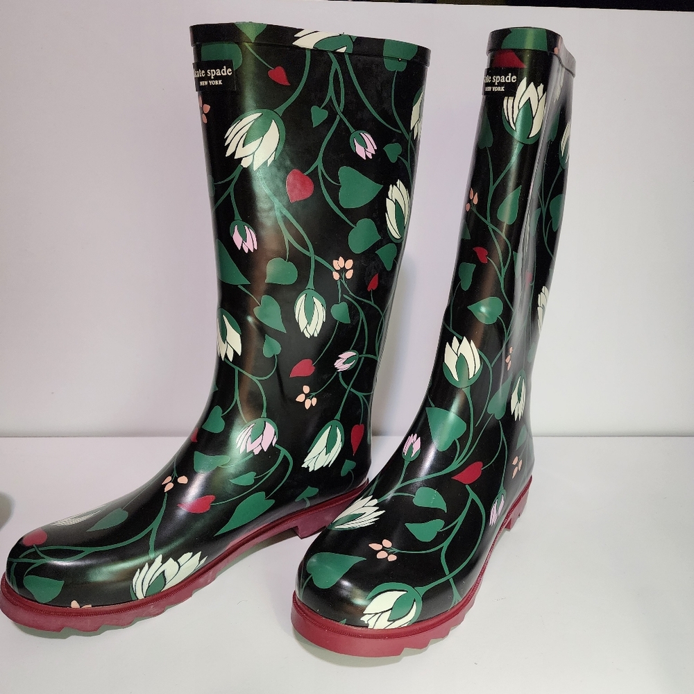 Kate Spade Renata Black w/Floral Print Rubber Rainboot, Womens Size 10 Worn Once